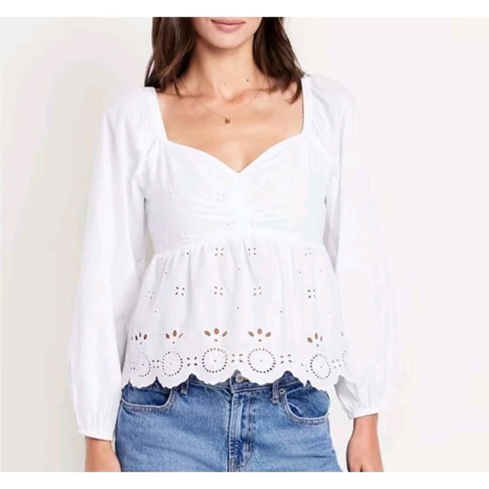 Old Navy White  Cotton Eyelet Prairie Peasant Blouse Smocked Long Sleeve Medium